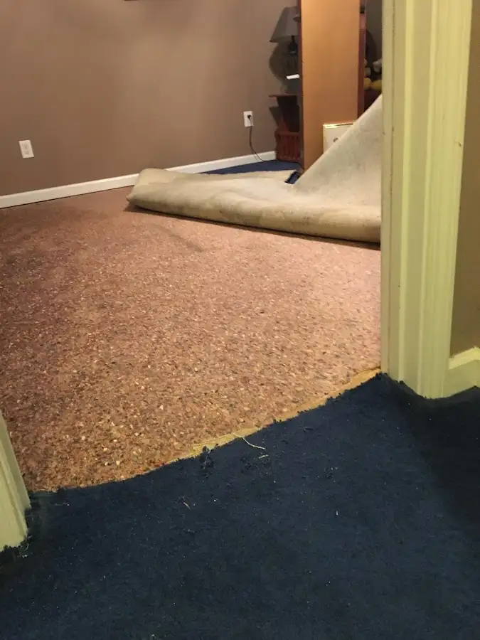 Carpet pad removal revealing water damage during Water Mitigation Services in Lathrop